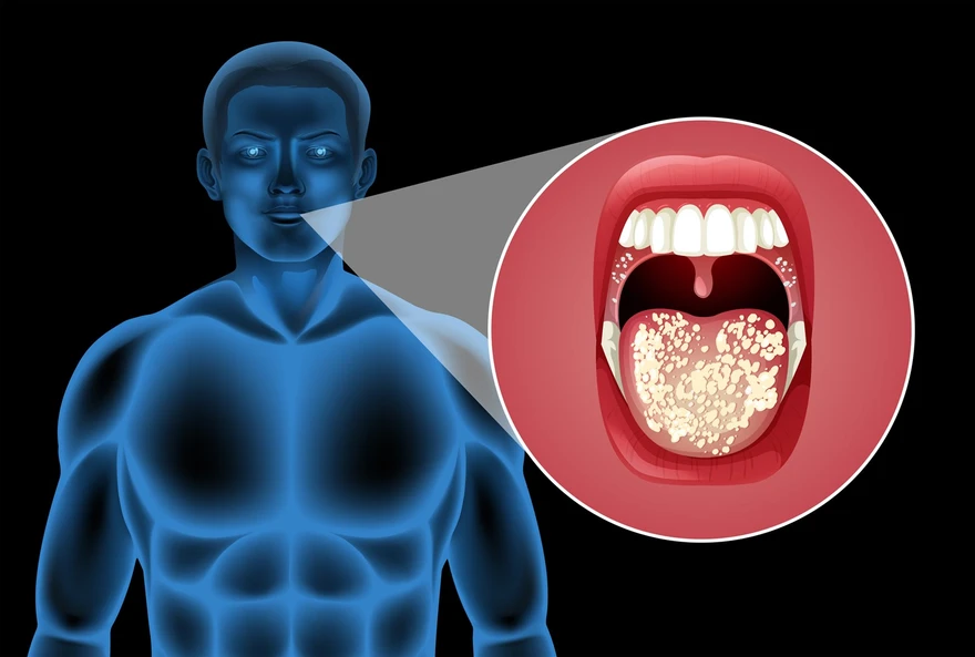 Illustration showing symptoms of oral thrush inside the mouth