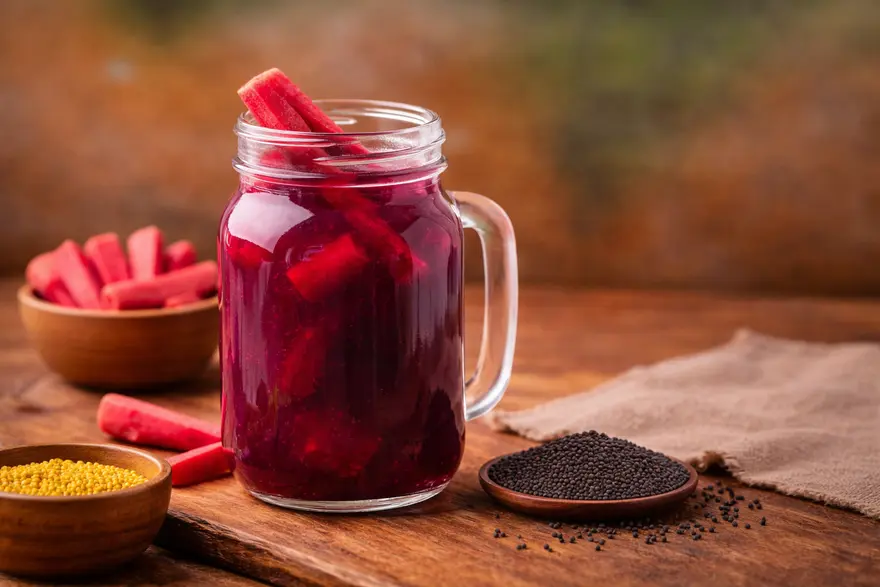 ಕಾಂಜಿ ಪಾನೀಯ ಮತ್ತು ಅದರ ಪ್ರೋಬಯೋಟಿಕ್ ಆರೋಗ್ಯ ಪ್ರಯೋಜನಗಳನ್ನು ತೋರಿಸುವ ಚಿತ್ರ