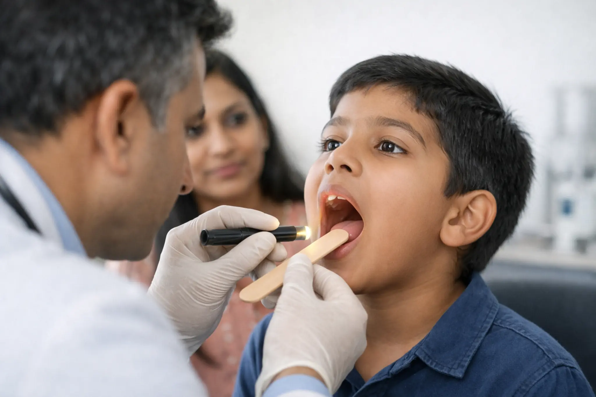 Inflamed tonsils in throat showing tonsillitis infection